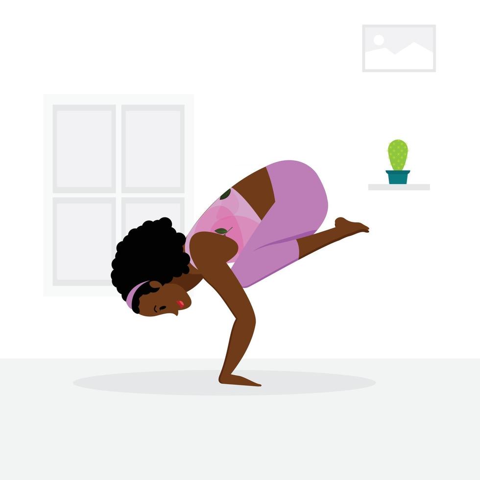 Young black Lady practicing arms balancing yoga asana, young girl in lavender gym outfit practicing balance yoga asana vector