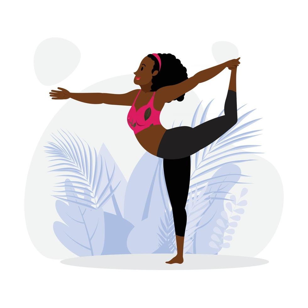 young black woman practicing standing hand to toe stretching yoga asana vector