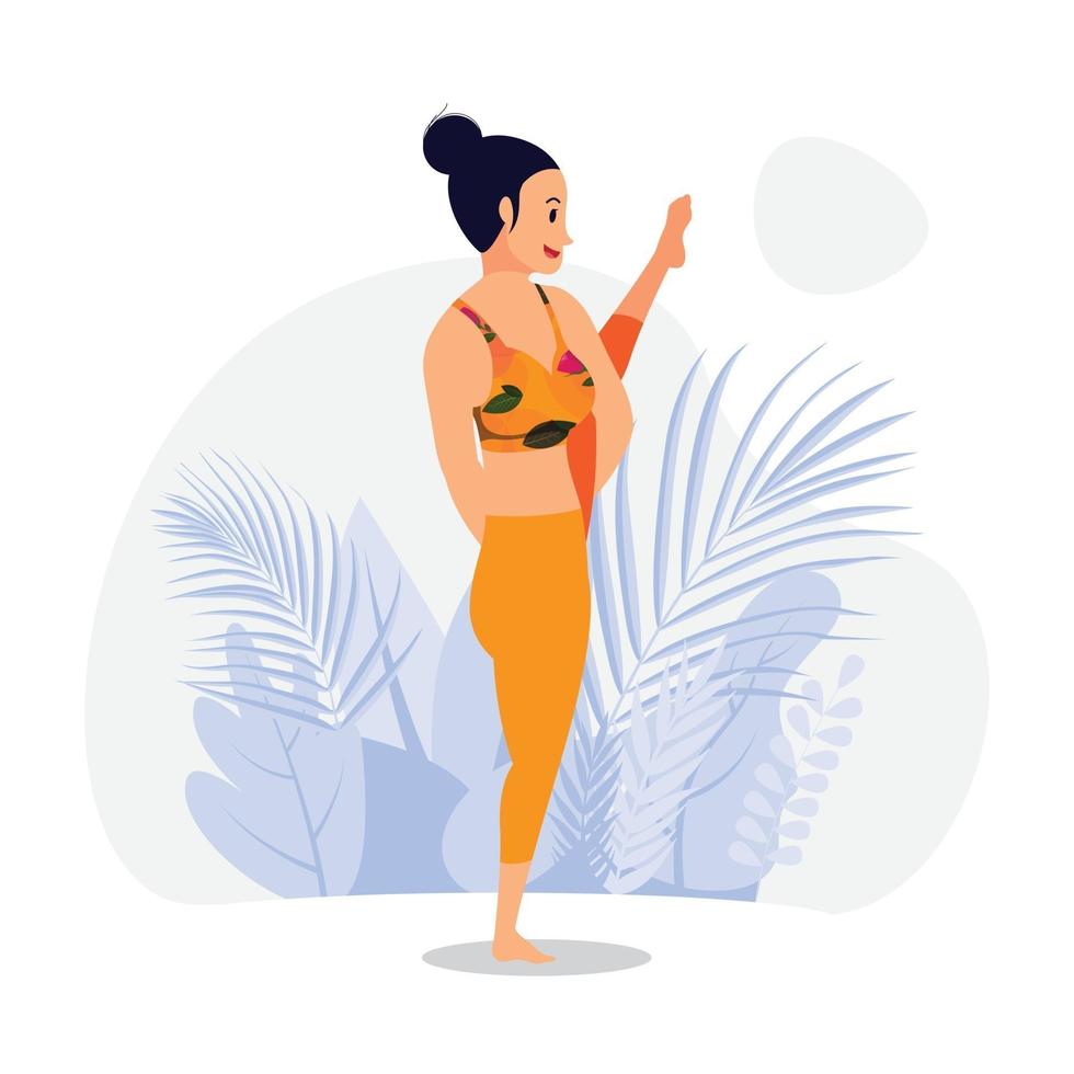 young lady practicing yoga asana, bird of paradise ,svarga dvij asana , standing yoga poses vector