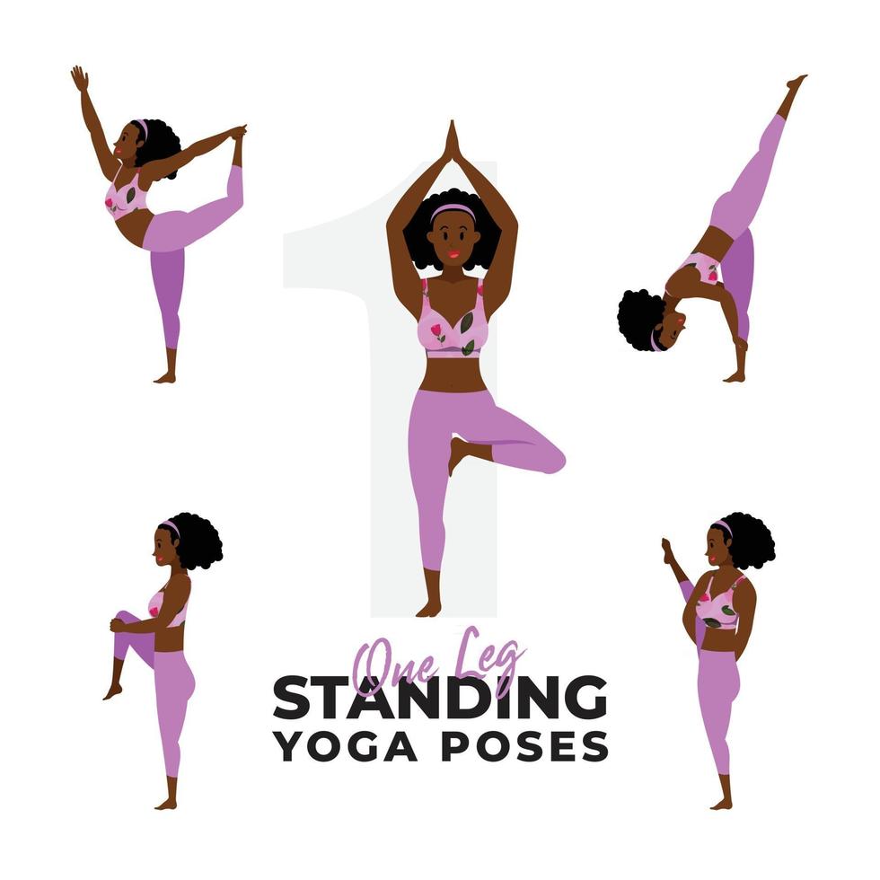 set of one leg standing yoga poses, young girl practicing standing yoga poses vector
