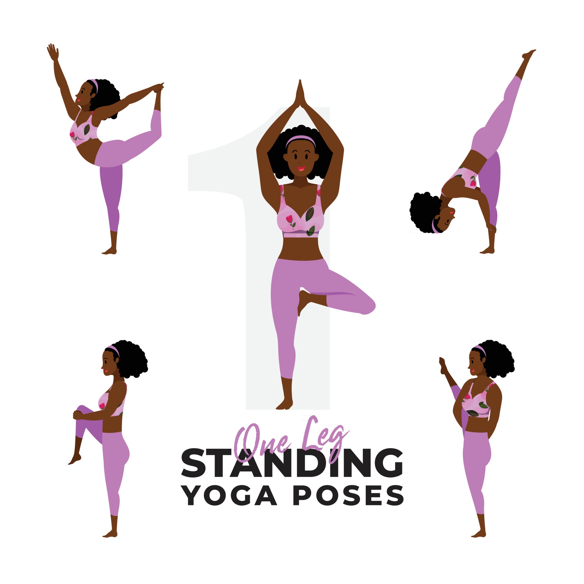 set of one leg standing yoga poses, young girl practicing standing yoga  poses 2714568 Vector Art at Vecteezy