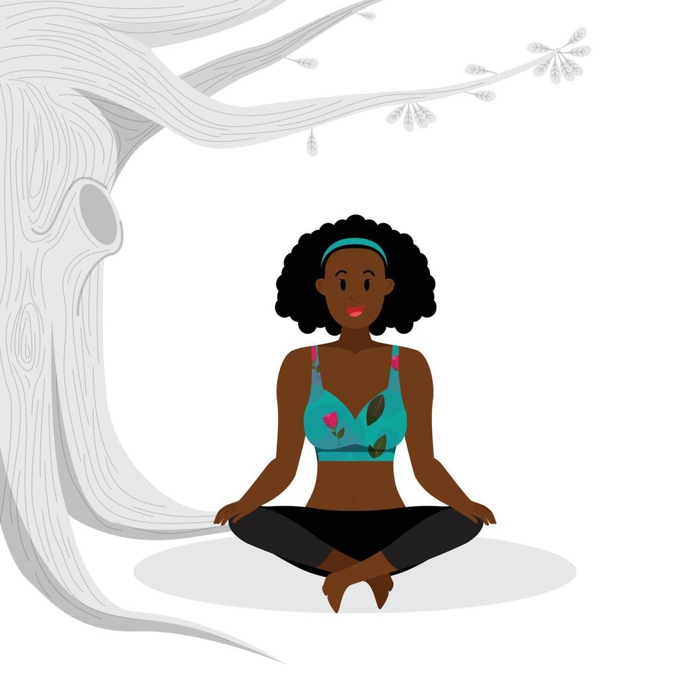 young girl practicing meditation, lotus yoga pose, black lady practicing lotus yoga asana vector