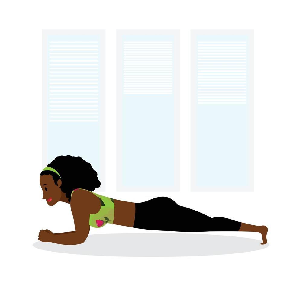 Young black lady practicing forearm plank, yoga asana, young girl in lemon green gym outfit practicing plank vector