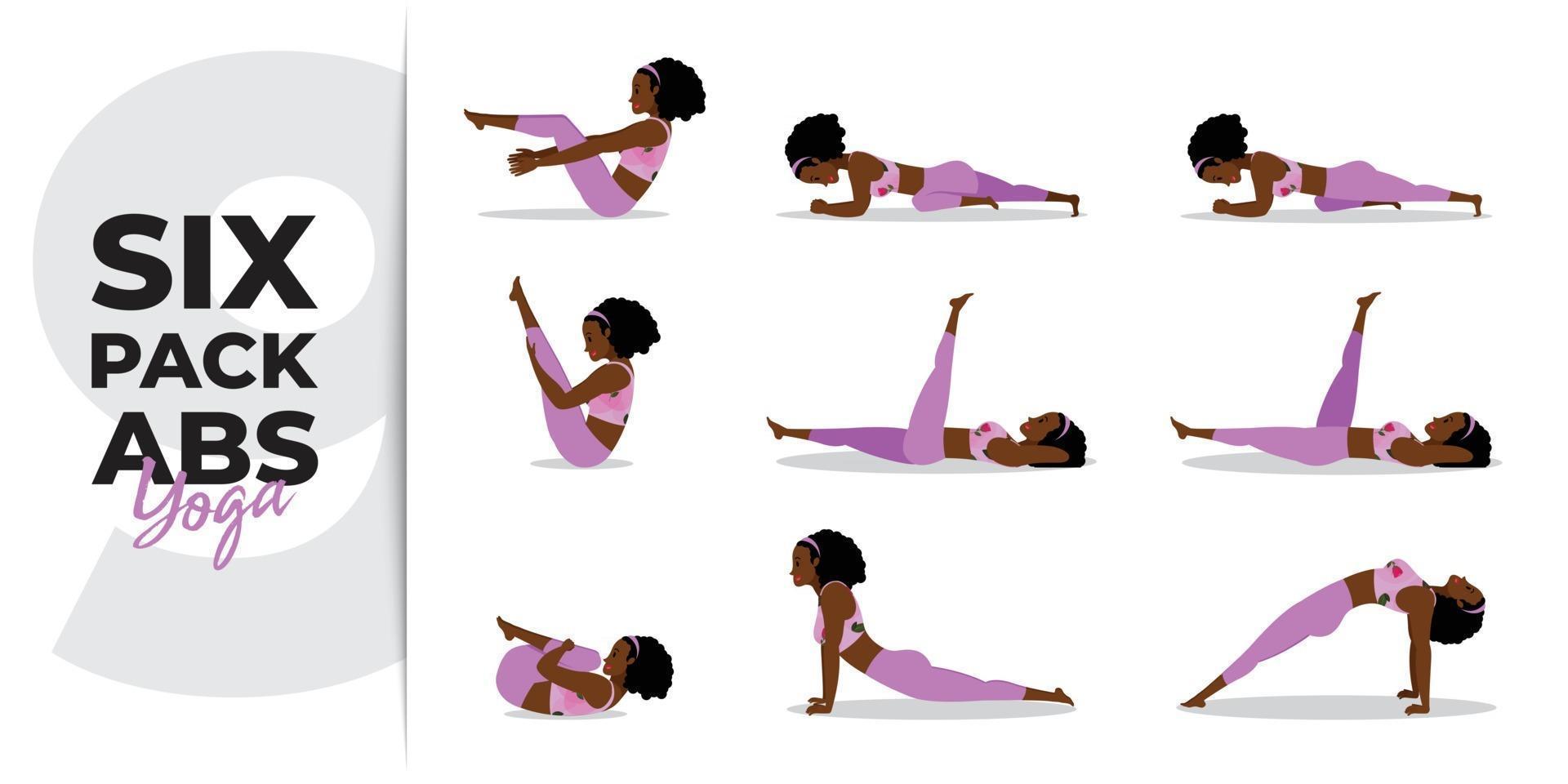 dama negra practicando asanas de yoga para abdominales, juego de asanas de yoga para abdominales vector