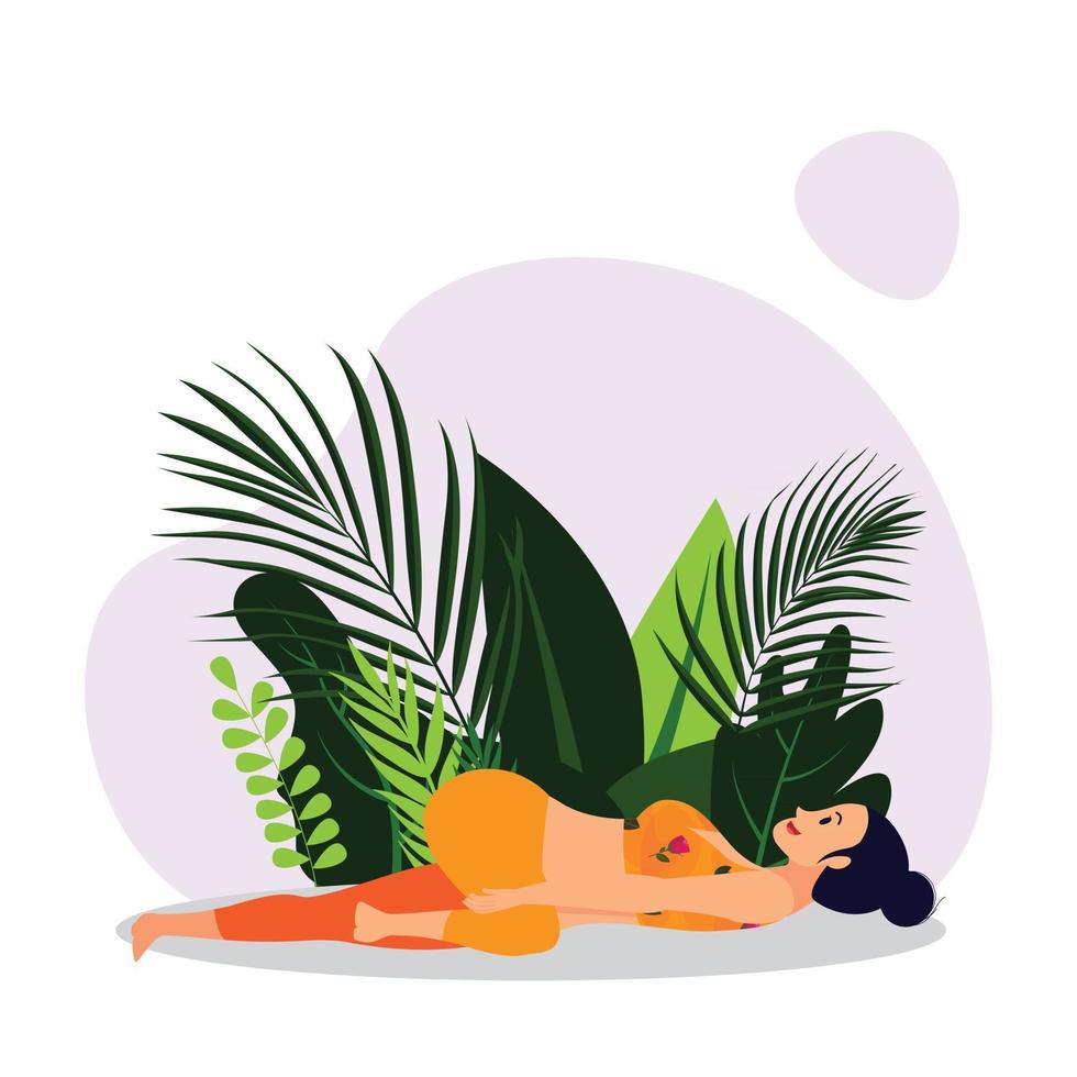 young lady in orange gym outfit practicing spinal twist yoga asana, Raven head girl practicing yoga asana vector