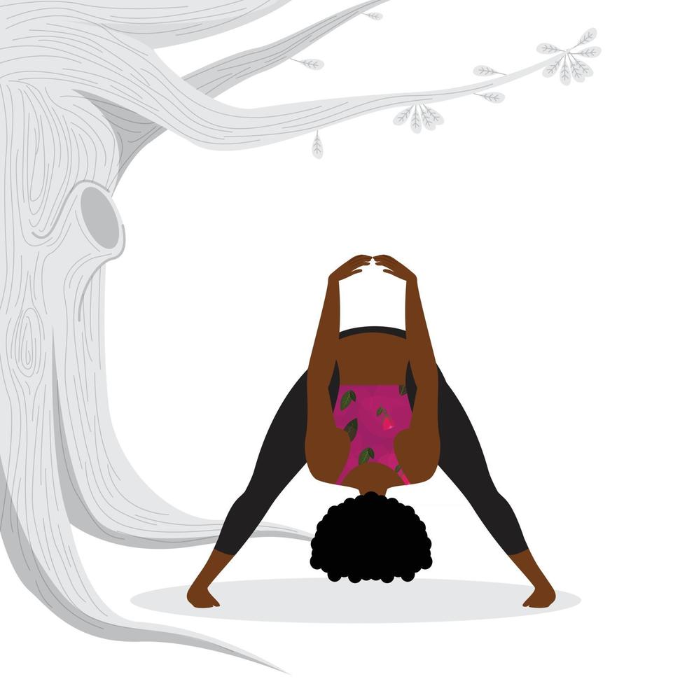 Young black woman practicing forward bend yoga asana, young black lady in lavender gym outfit practicing forward bend outdoor vector