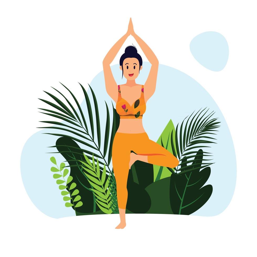 Girl practicing tree pose yoga asana in open space vector