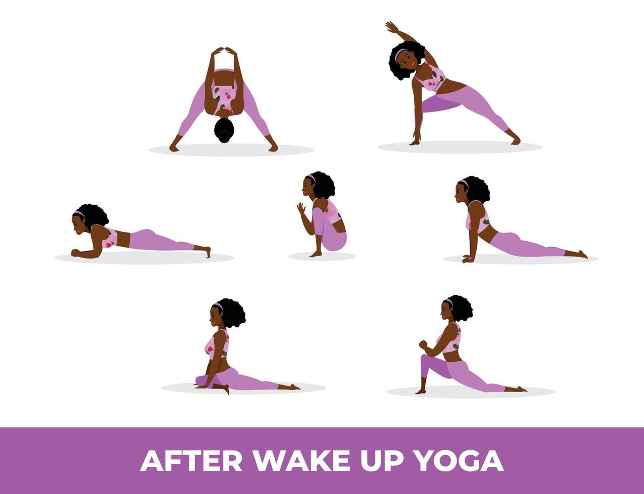 Black woman practicing yoga asana after wakeup, set of yoga asana after wake up vector