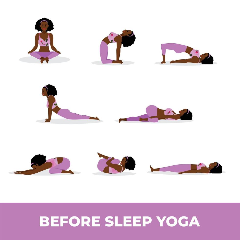 Young black lady practicing yoga before sleep, Set of yoga asana before sleep vector