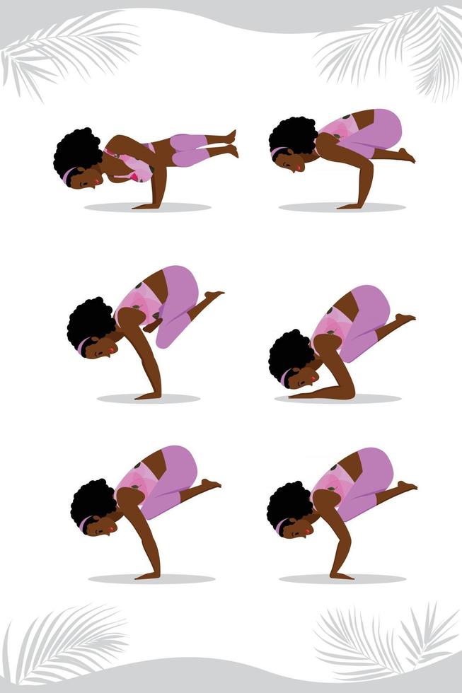 Young black lady practicing yoga asana of balance with arms, young black lady in lavender outfit practicing balancing yoga asana vector