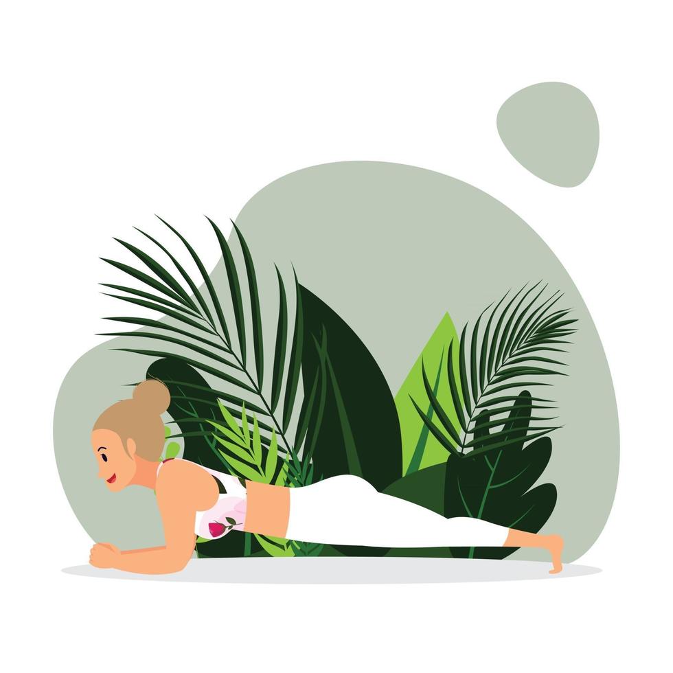 young blunt head lady practicing forearm Plank, Young girl in white gym outfit practicing plank yoga asana vector