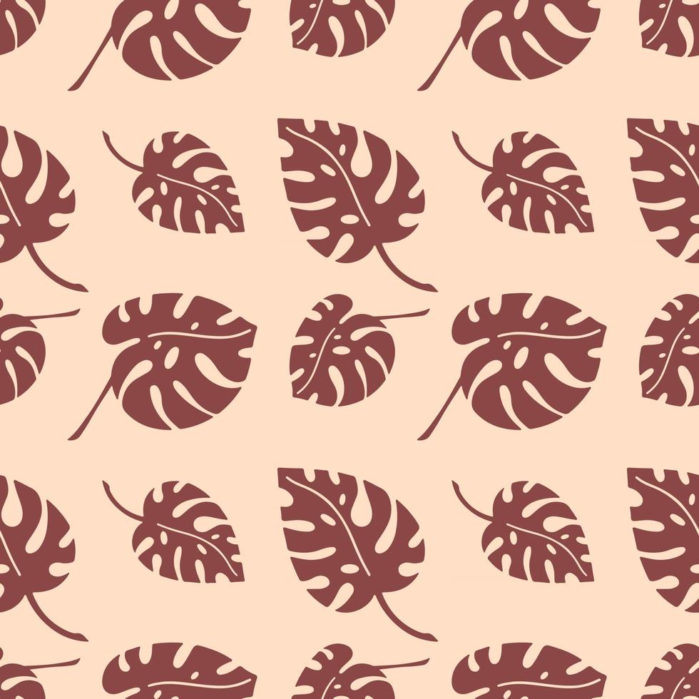 Seamless pattern with branches  of tropical plants leaves isolated on beige background. Silhouette vector illustration. Design for  textile, wrapping, backdrop, banner