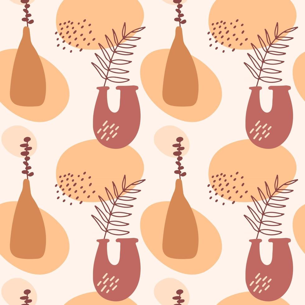 Seamless pattern with abstract hand drawn terracotta vases  in pastel colors and branch on beige backgroud. Abstract geometrical design for  textile, wrapping, backdrop. vector