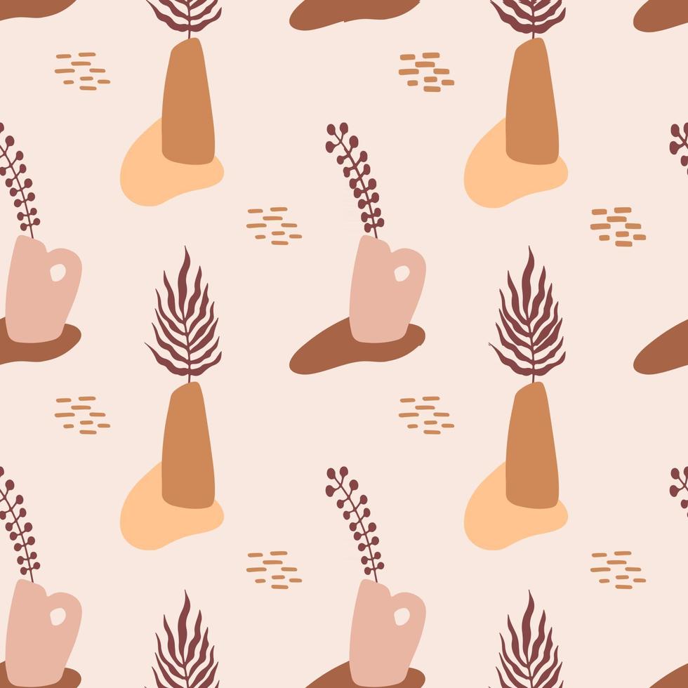 Seamless pattern with abstract hand drawn terracotta vases  in pastel colors and branch on beige backgroud. Abstract geometrical design for  textile, wrapping, backdrop. vector