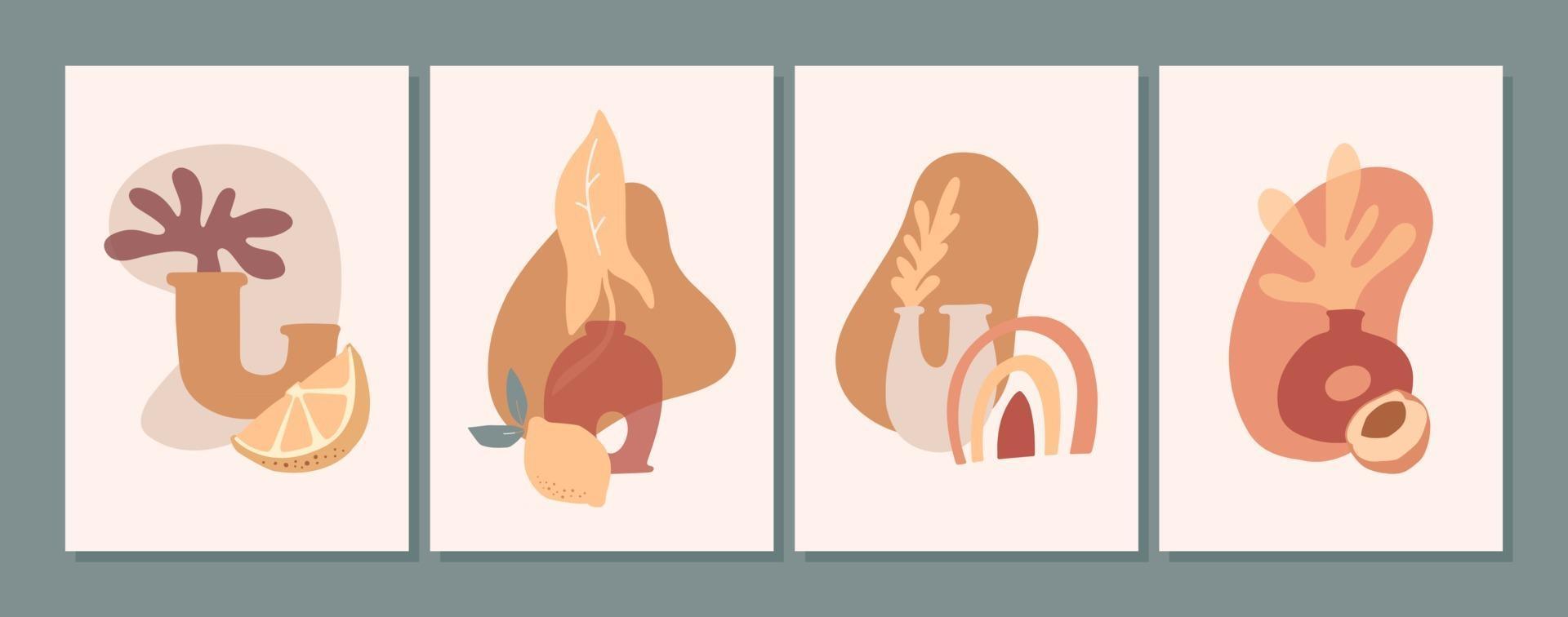 Set of abstract still life in pastel colors. Hand drawn vases , leaves. Collection of contemporary art. Abstract geometrical elements, shapes for print, social media, posters, postcards, flyer. vector