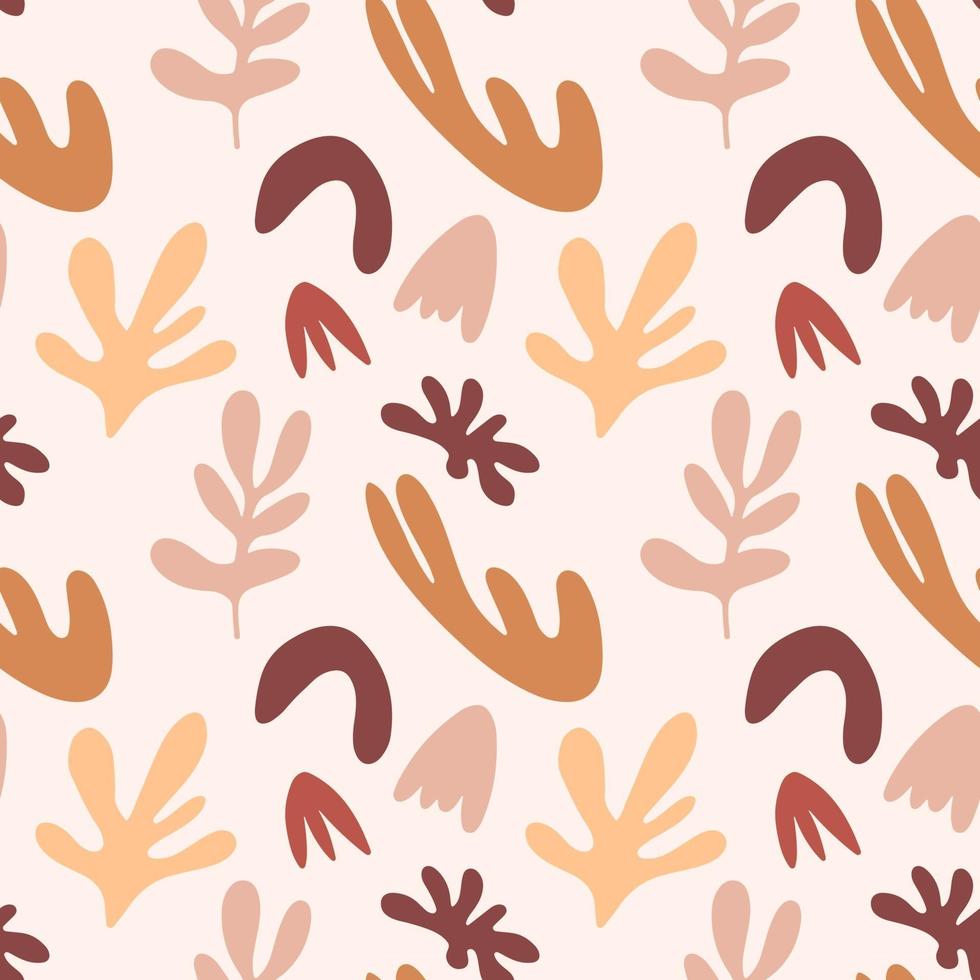 Seamless pattern with branches  of  leaves, shapes, flowers isolated on white background. Silhouette vector illustration. Design for  textile, wrapping, backdrop, banner