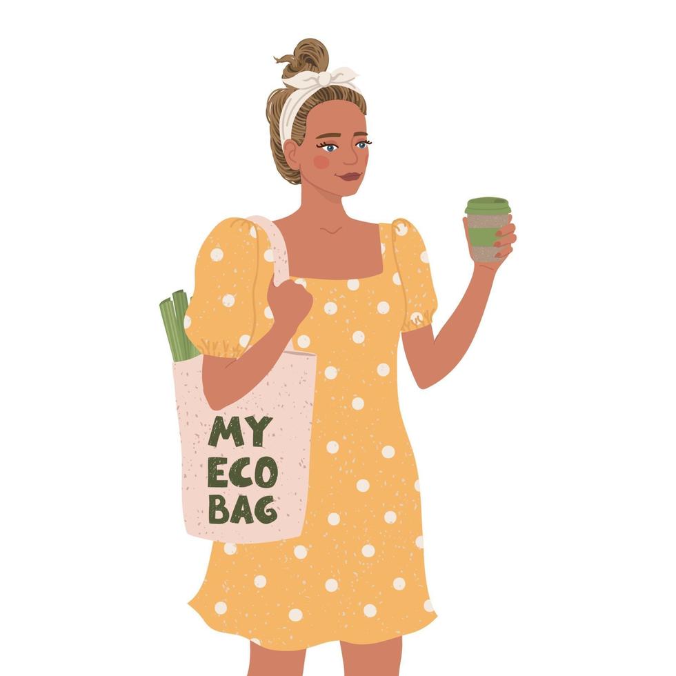 vector ilustración colorida de linda chica joven con bolsa ecológica y taza de café, vestida de moda con fondos abstractos. concepto de desperdicio cero.