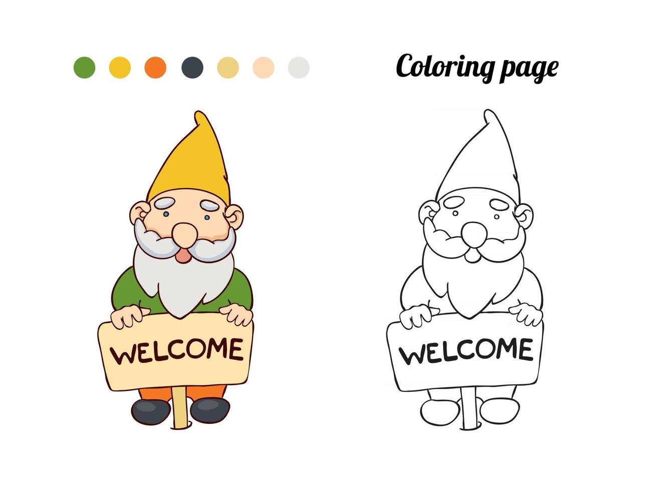 Illustration of cute garden gnome stands with a pointer welcome. Coloring page or book for baby vector