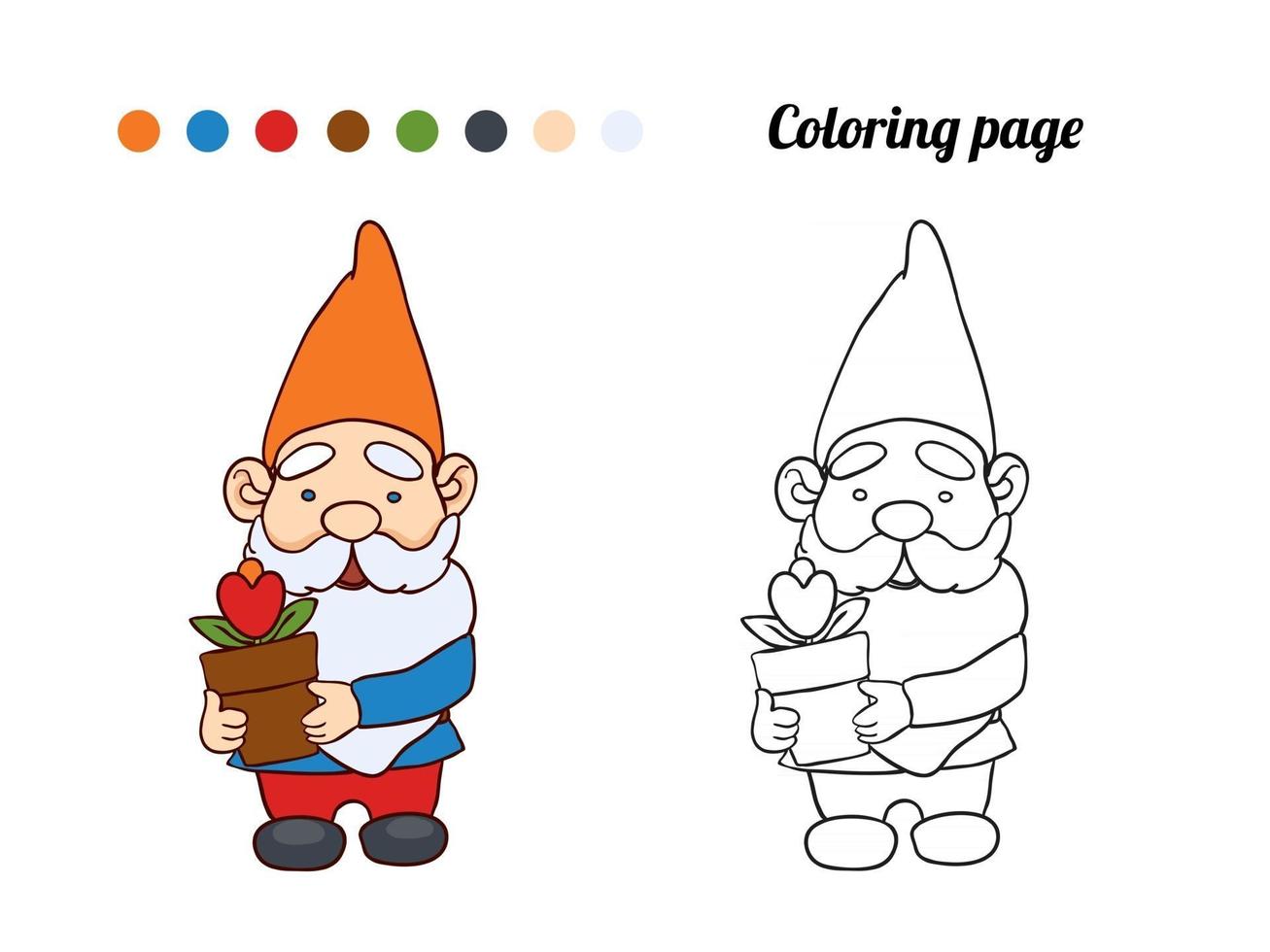 Illustration of cute garden gnome with a flower in a pot. Coloring page or book for baby vector