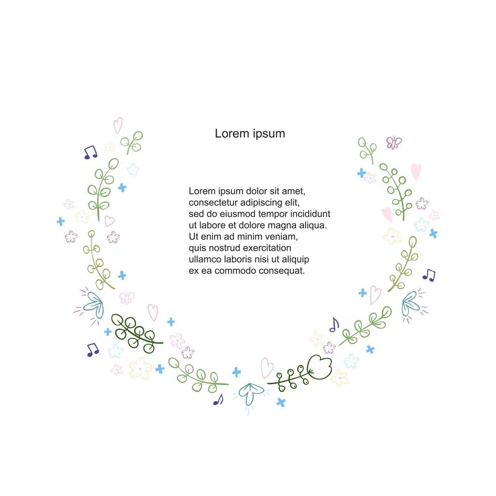 vector ilustración colorida de corona de flores y hierbas. marco de dibujo a mano. se puede utilizar para invitaciones, tarjetas de felicitación y carteles