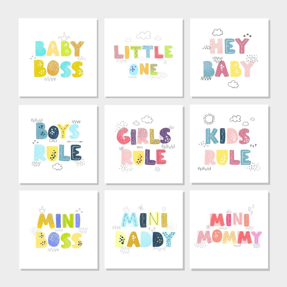 Vector set of illustrations with hand drawn lettering - Kids Rule. Colorful typography design in Scandinavian style for postcard, banner, t-shirt print, invitation, greeting card, poster