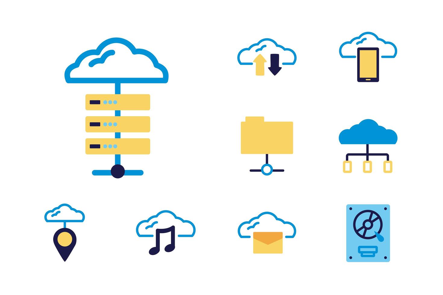 bundle of cloud computing lineal colors style icons vector