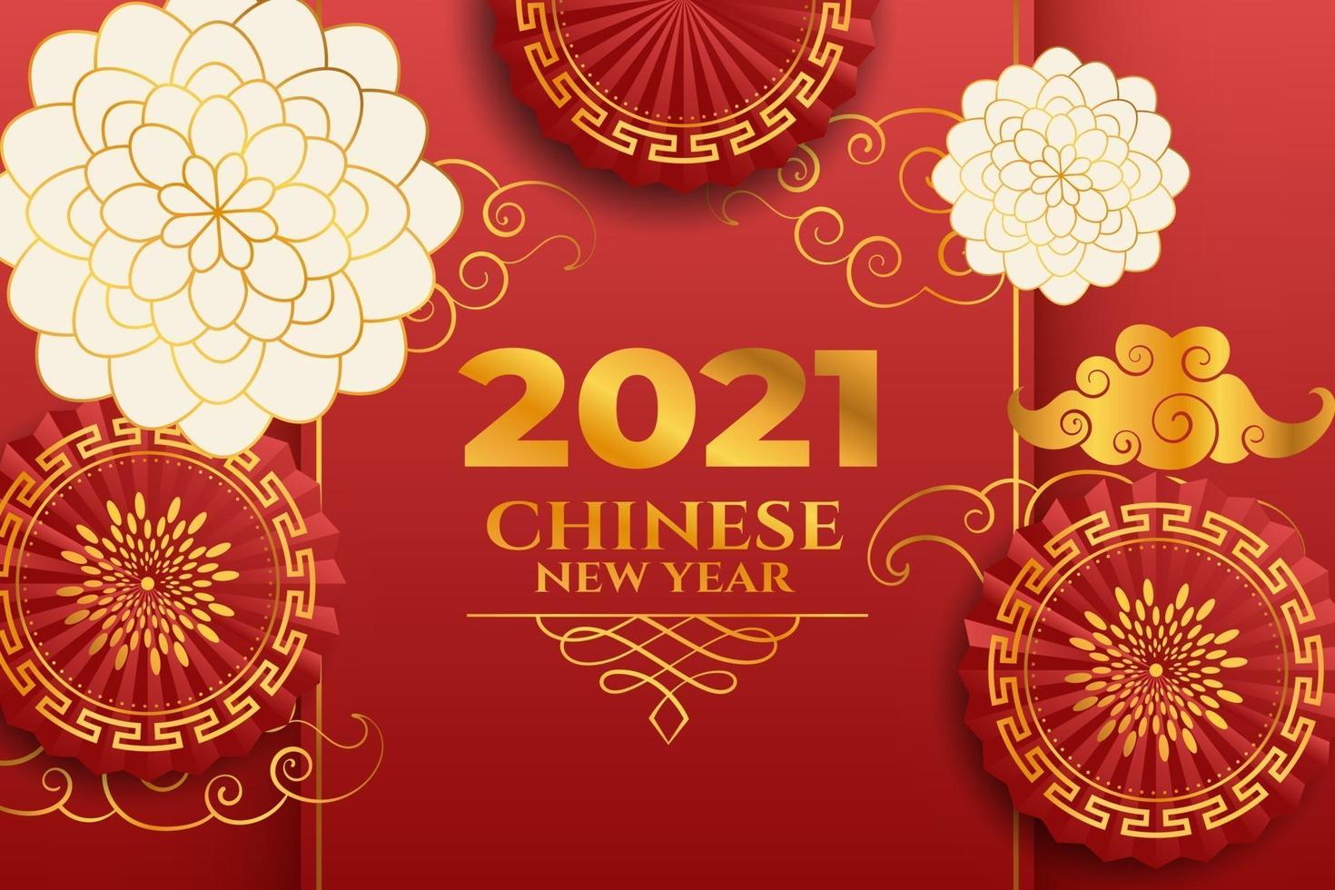 Chinese New Year 2021 red gold and white New Year theme background with flowers and paper fan vector