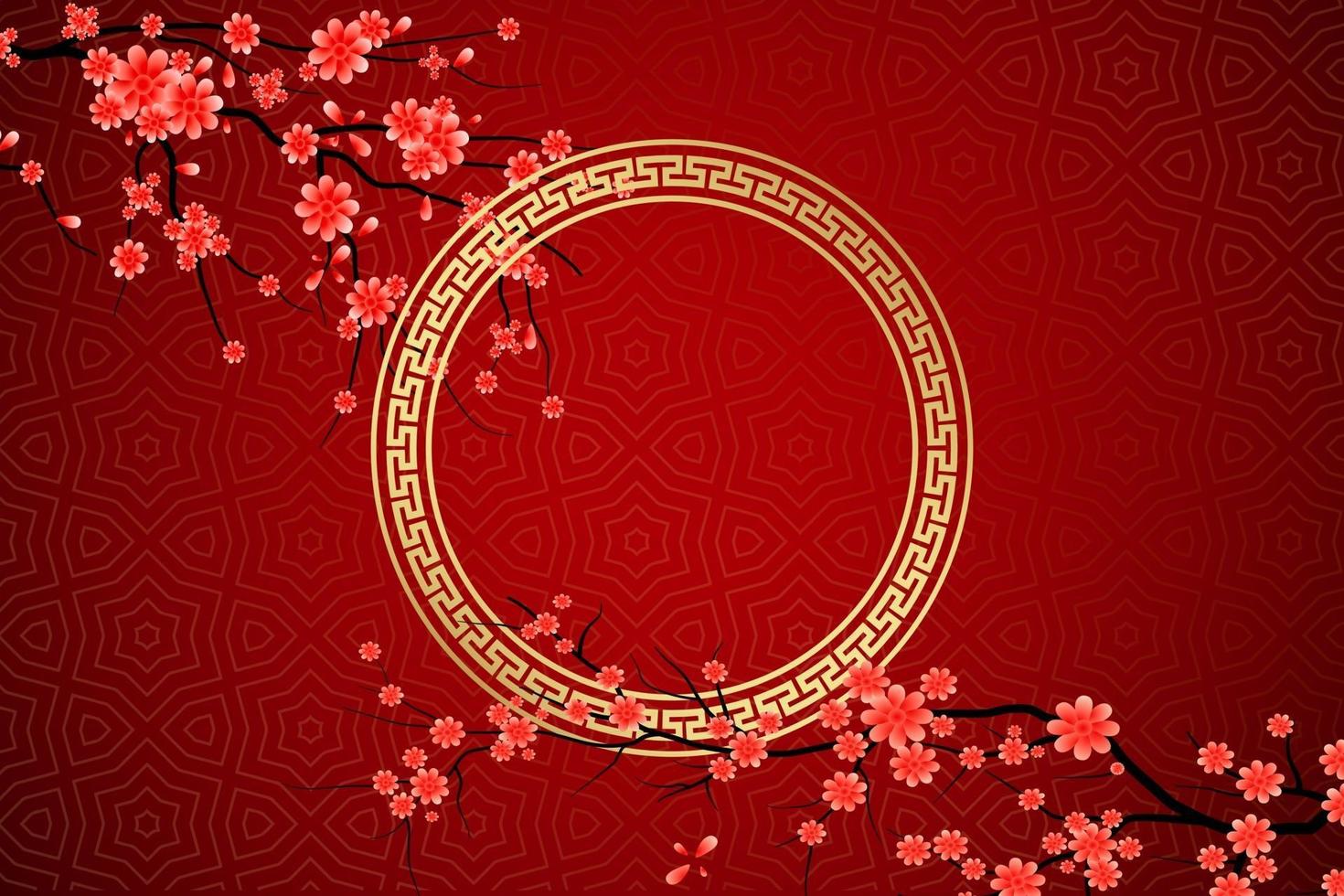 happy chinese new year sakura flowers red background vector