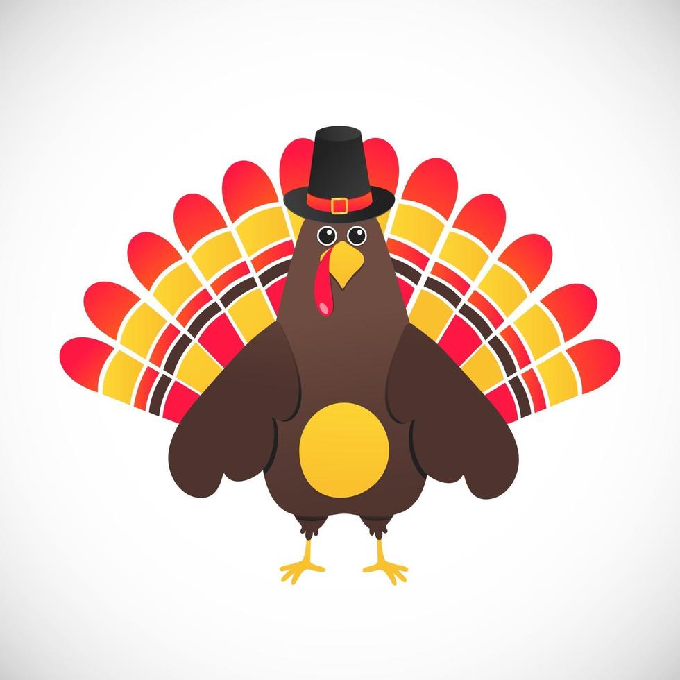 Thanksgiving day symbol red feathers turkey  with pilgrim hat flat style gradient design vector illustration. Cute cartoon mascot holidays autumn harvest character isolated on white background.