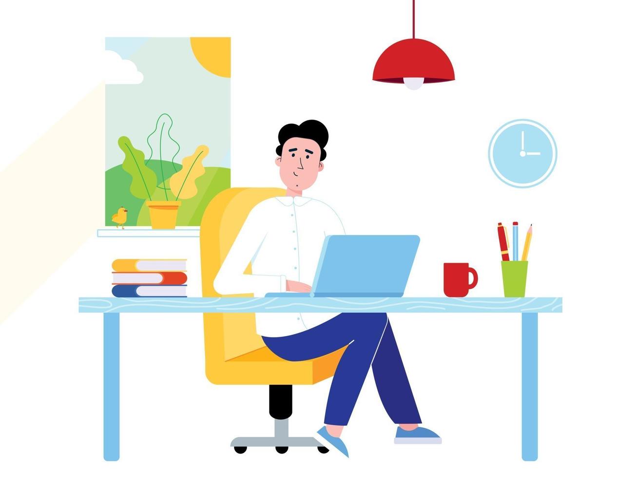 Freelance male in white shirt working on a laptop computer at the home office. Man, notebook, table, books, pen, pencil, lamp, cup of coffee, window, clock flat style vector illustration isolated.