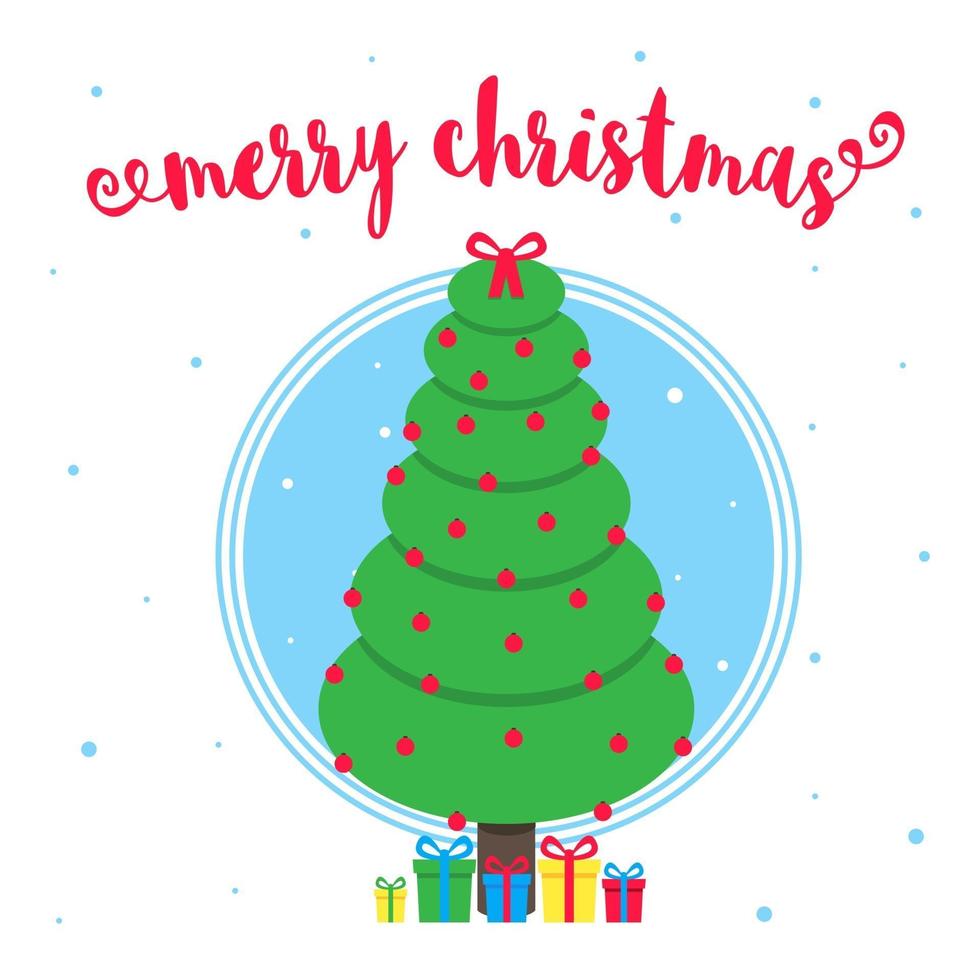 Postal de felicitación de feliz Navidad con abeto de Navidad y texto estilo plano ilustración vectorial. Celebrando la tarjeta de Navidad y feliz año nuevo con regalos y árbol aislado sobre fondo de copos de nieve. vector