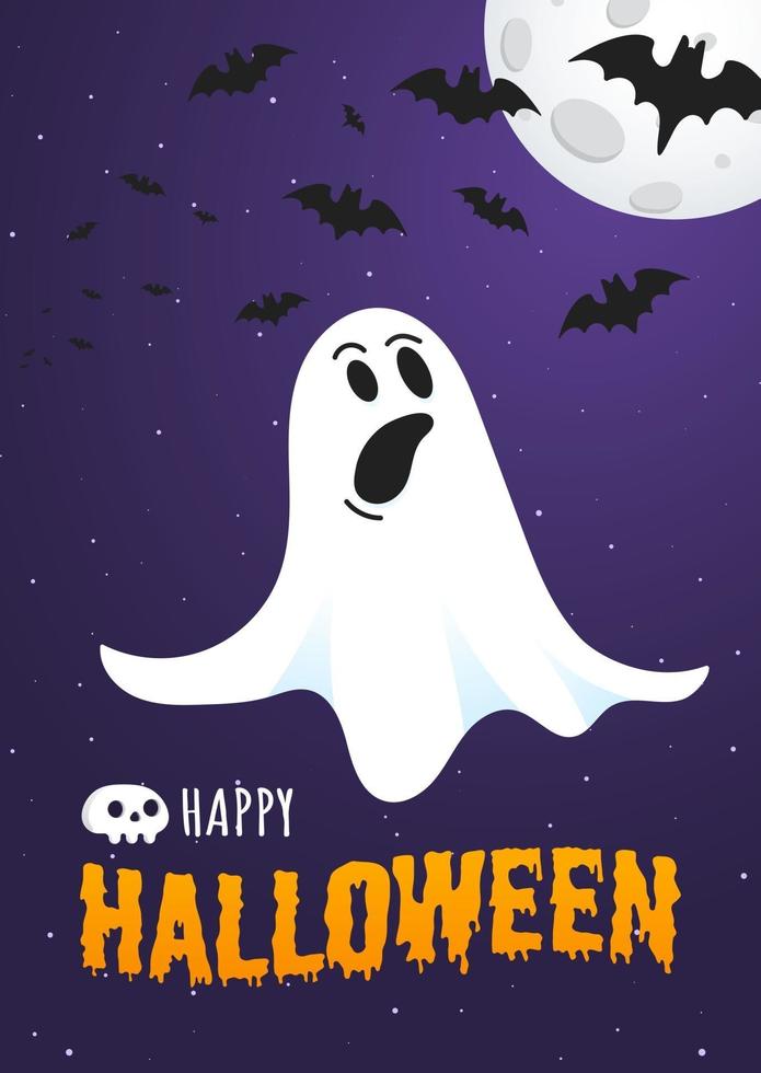 Happy Halloween text postcard banner with ghost scary face vector