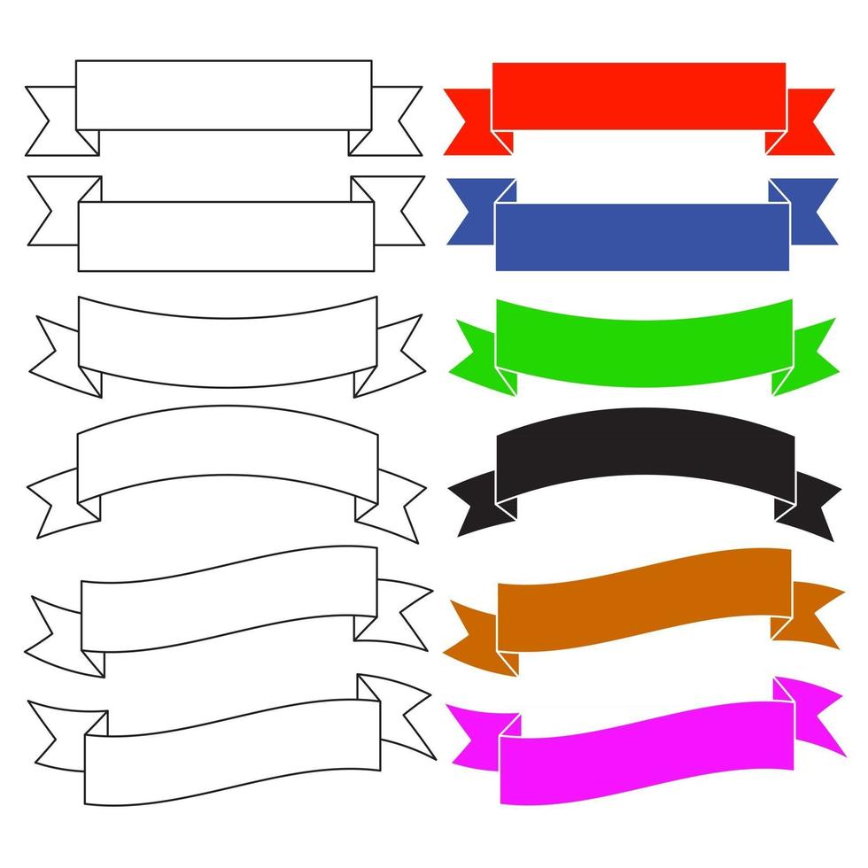 Flat style banner ribbons. Flat, curved, colorful. Isolated on white background. Illustration set. vector