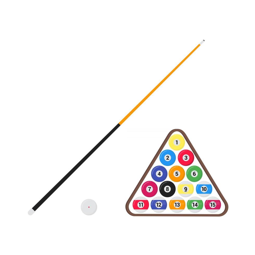 Billiard, snooker and pool balls, cue and triangle flat style design vector illustration icons signs set isolated on white background. Equipment of the sport game billiards, pool or snooker.