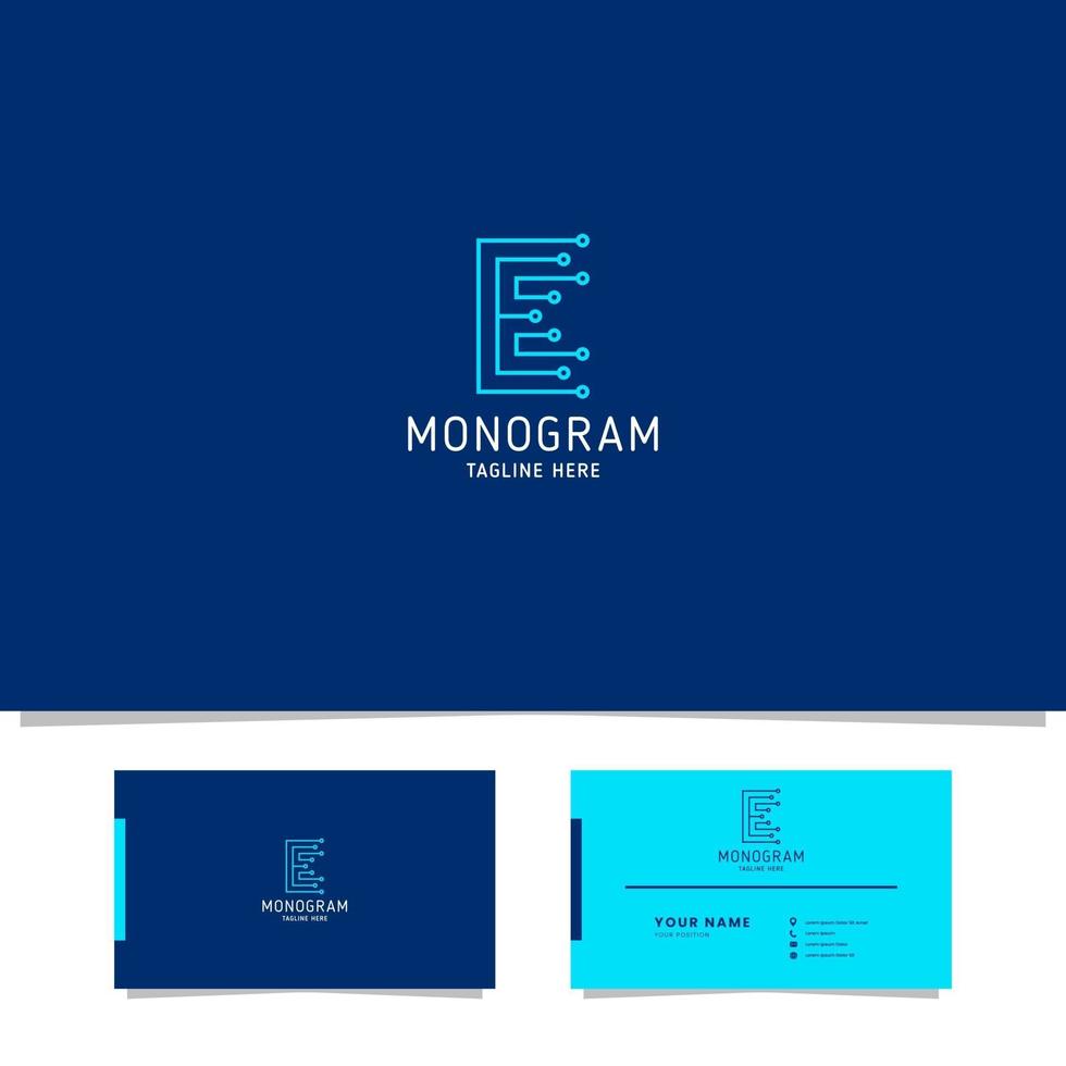 Logotipo de la letra e del circuito azul brirht con plantilla de tarjeta de visita vector