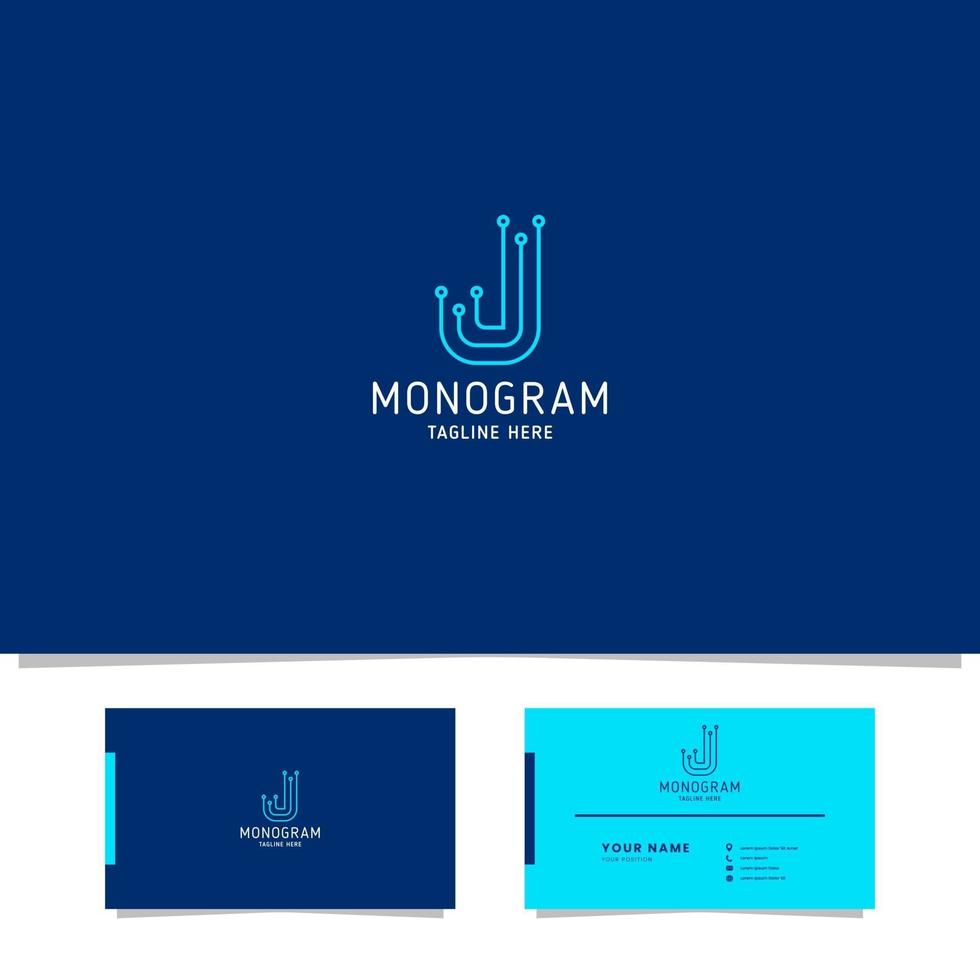 Brirht Blue Circuit Letter J Logo with Business Card Template vector