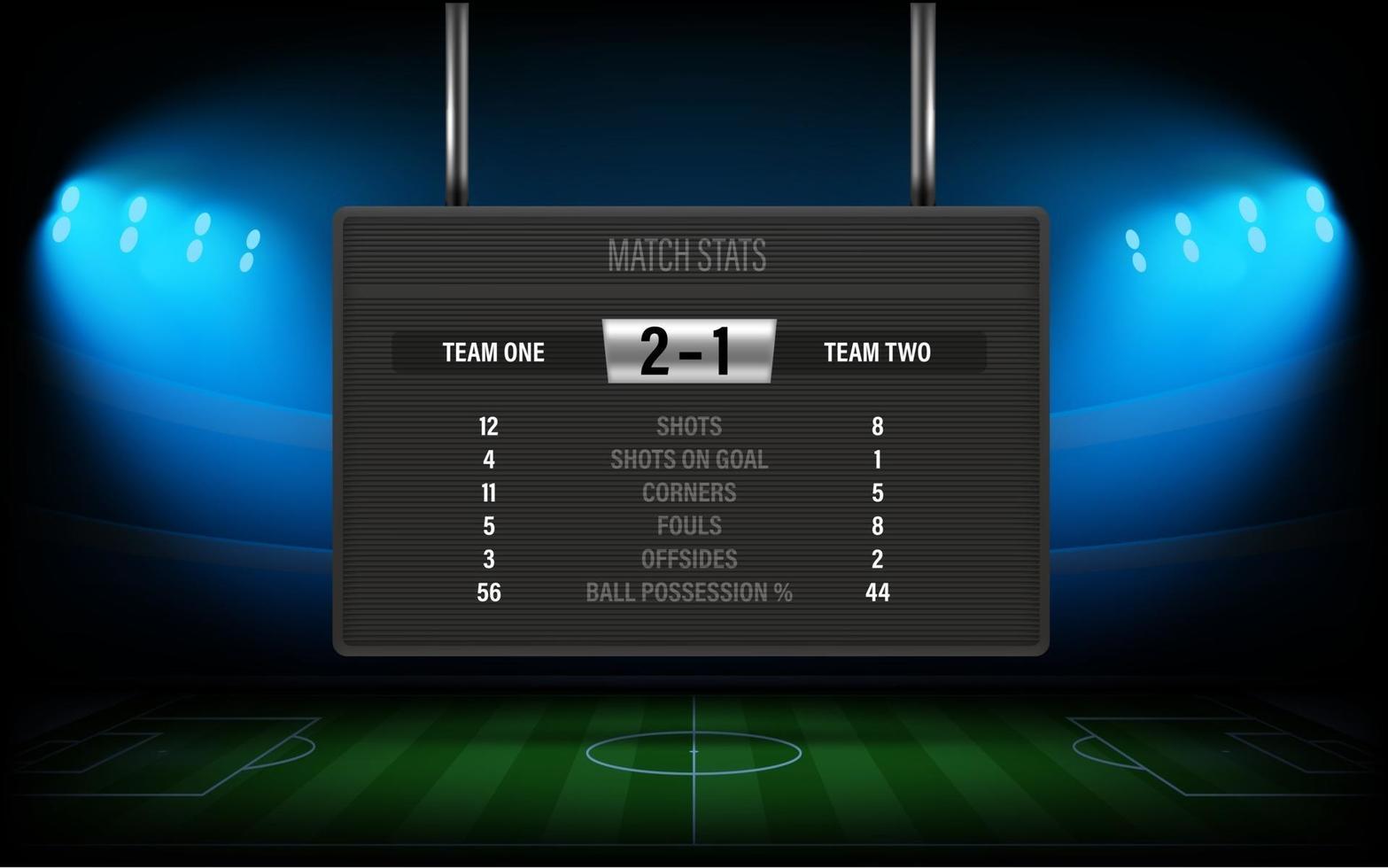 Illuminated football stadium with scoreboard and stats of the match vector