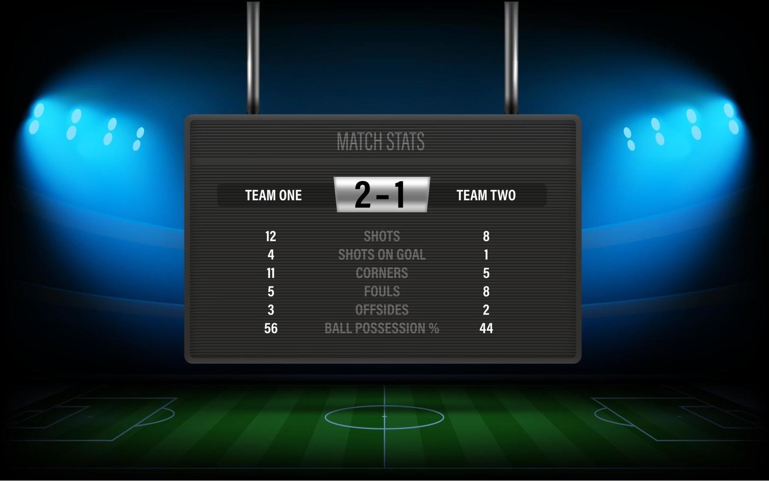 Estadio de fútbol iluminado con marcador y estadísticas del partido. vector