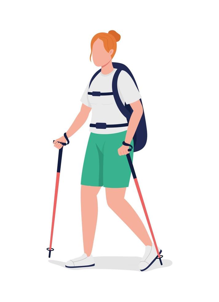 Woman with backpack on trip semi flat color vector character