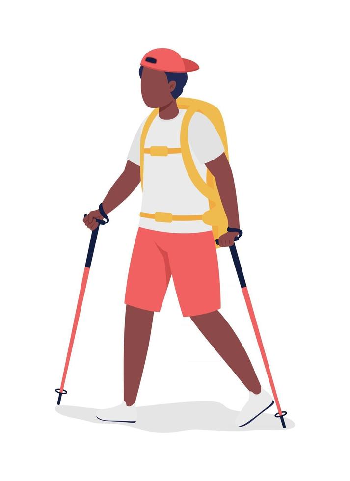 Boy with backpack hiking semi flat color vector character