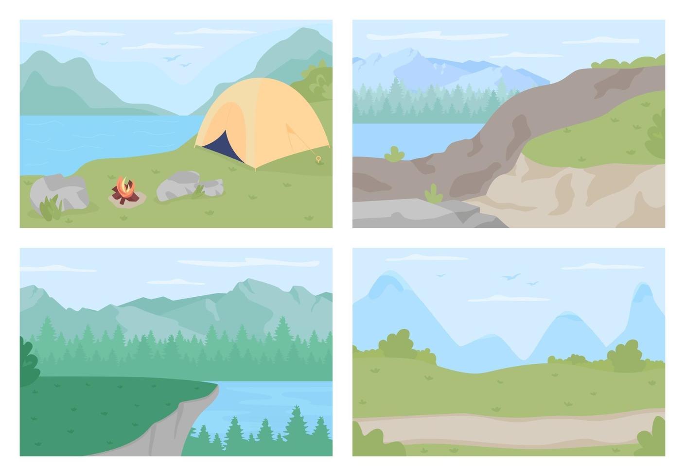 Countryside vacation flat color vector illustration set