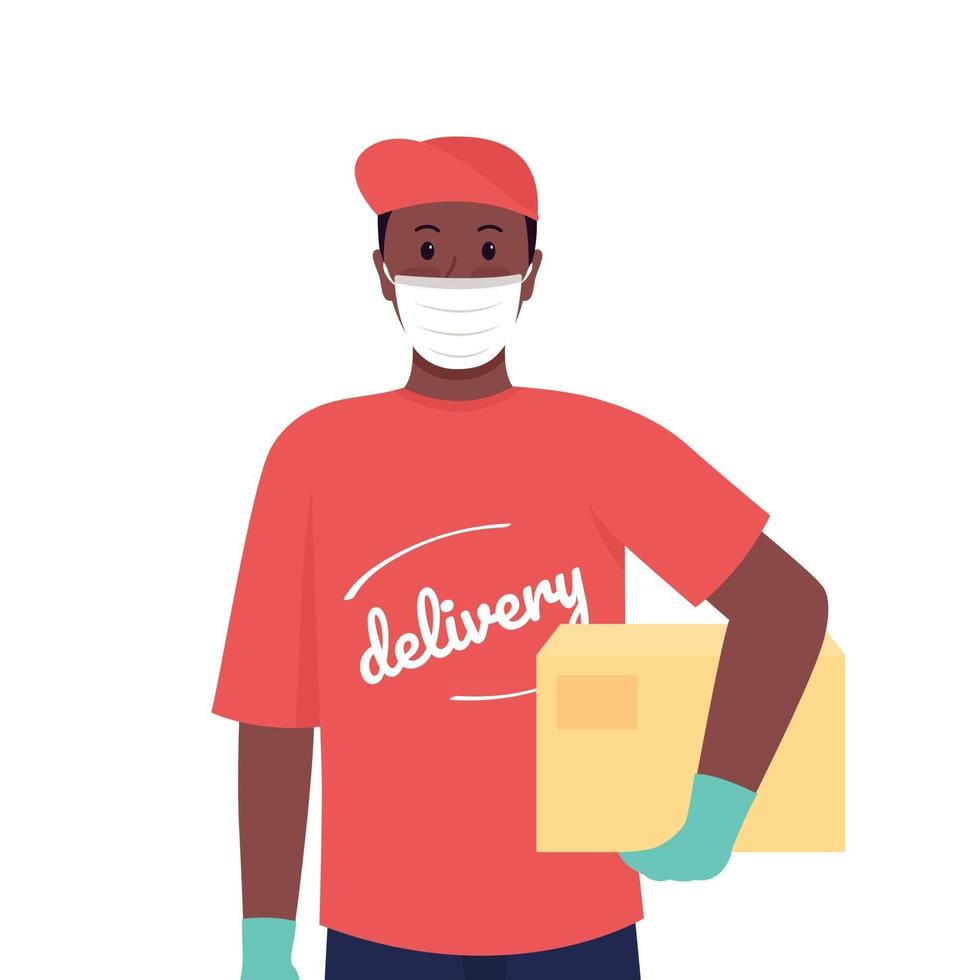 Deliveryman in medical mask semi flat color vector character