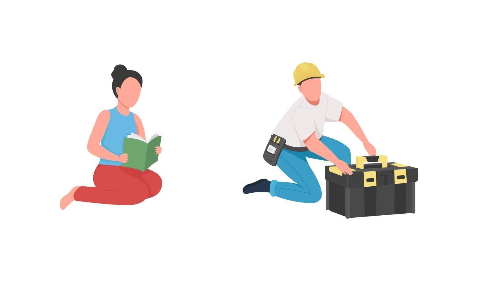 Professional babysitter and handyman flat color vector faceless character set