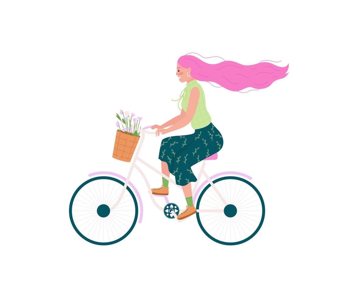 Caucasian woman in bicycle flat color vector detailed character