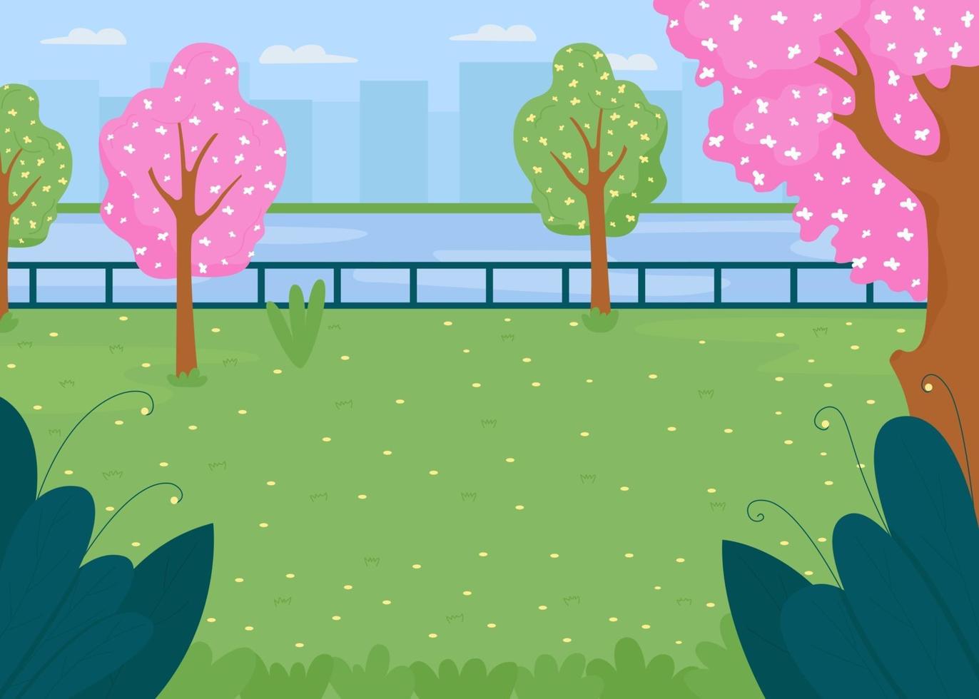 Ilustración de vector de color plano de campo de parque de la ciudad de primavera