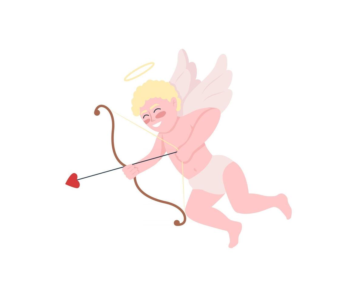 Cupido sonriente con arco y flechas color plano vector de carácter detallado