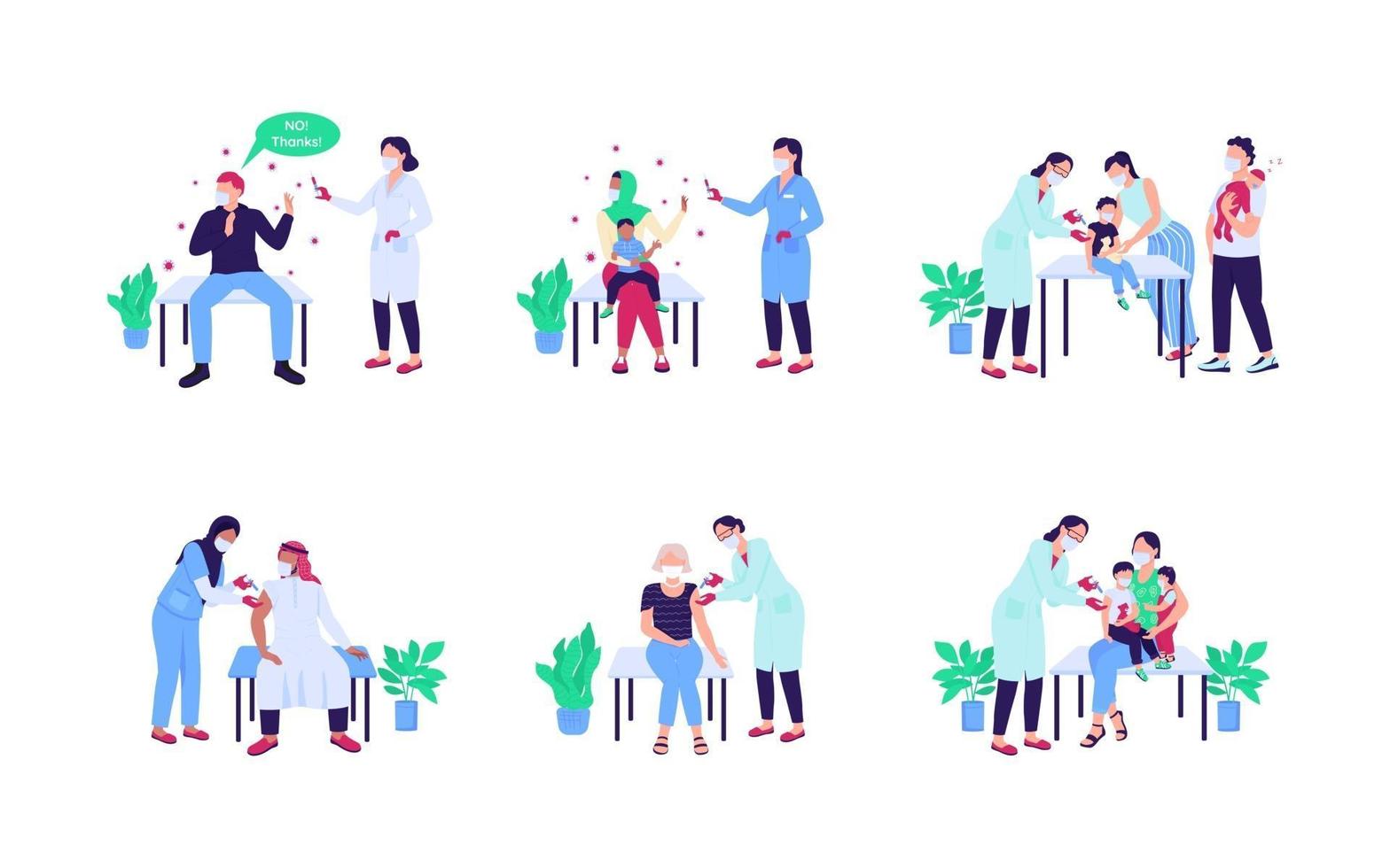 Patients receiving vaccine flat color vector faceless character set