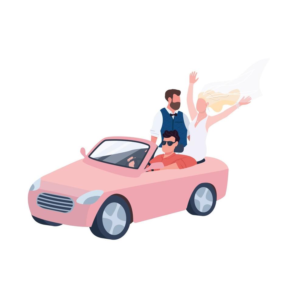 Newlyweds riding in car flat color vector faceless characters