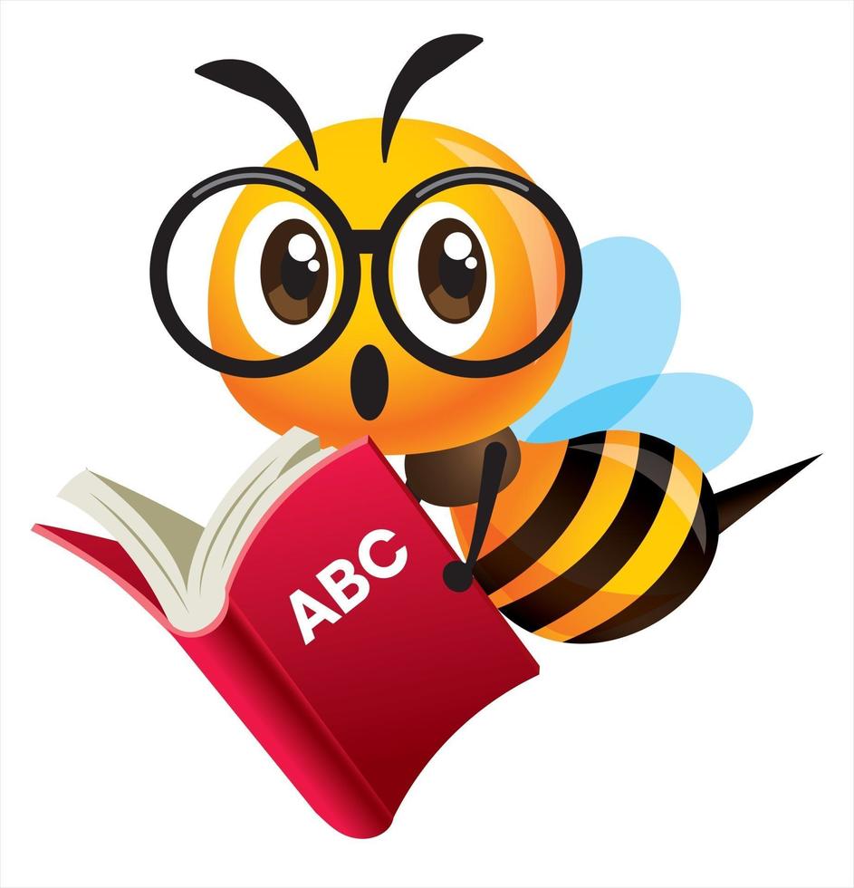 Cartoon cute bee wearing glasses carrying an red education book vector