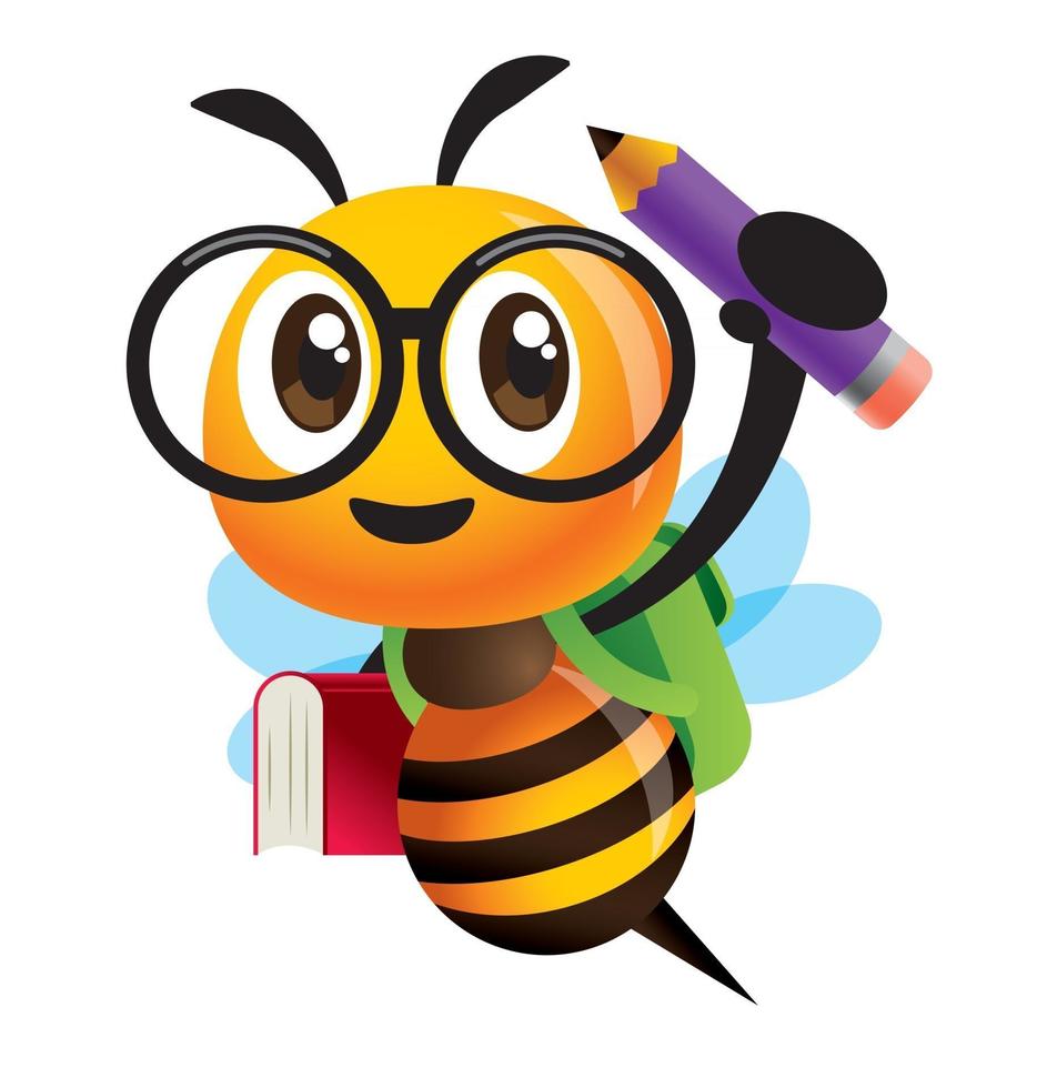 abeja linda de dibujos animados con gran espectáculo que lleva un libro de lápiz y una mochila vector